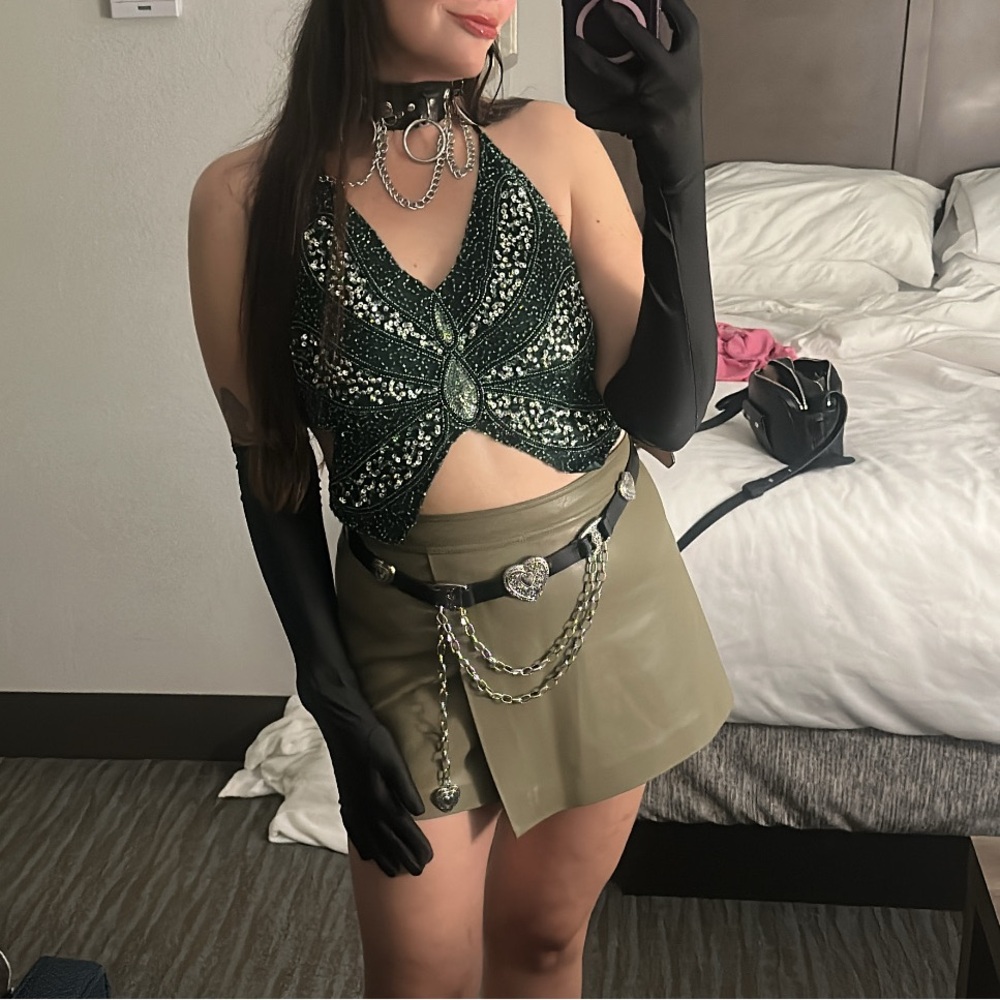 Green Sequin Halter Top with Olive Skirt